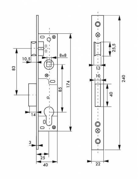 Schema tecnico di Serratura da incasso a cilindro europeo per infissi in metallo, asse 25mm, piastra con dimensioni e ingombri