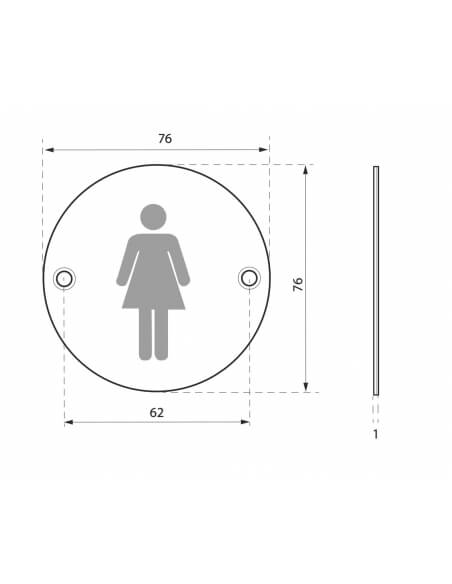 Cartello tondo toilette per donne, da avvitare, targa in acciaio inossidabile spazzolato, marcatura nera, Ø76mm - THIRARD