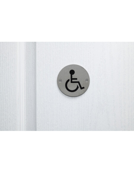 Cartello tondo per toilette per disabili, da avvitare, targa in acciaio inossidabile spazzolato, marcatura nera, Ø76mm - THIRARD