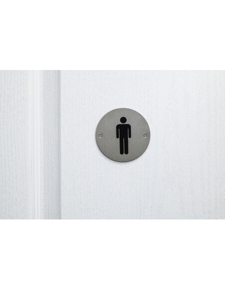 Cartello tondo per toilette da uomo, da avvitare, targa in acciaio inossidabile spazzolato, marcatura nera, Ø76mm - THIRARD