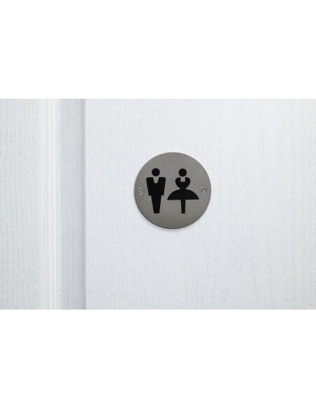 Cartello tondo per toilette unisex, da avvitare, targa in acciaio inossidabile spazzolato, marcatura nera, Ø76mm - THIRARD