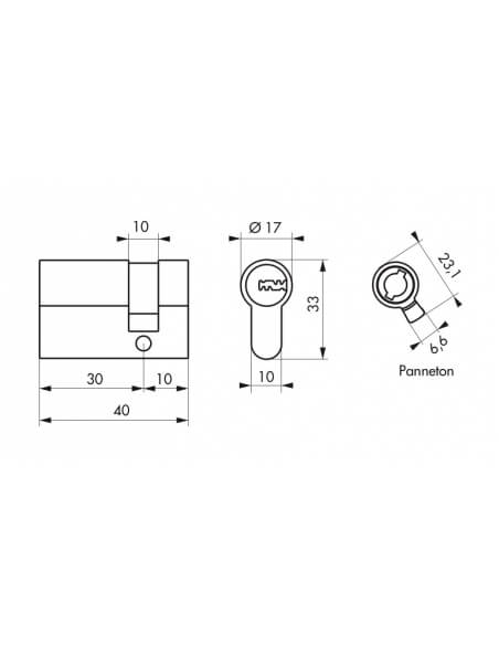 Mezzo cilindro europeo Trafic 12 30X10mm, ottone, antiperforazione, antirottura, 5 chiavi piatte reversibili- THIRARD