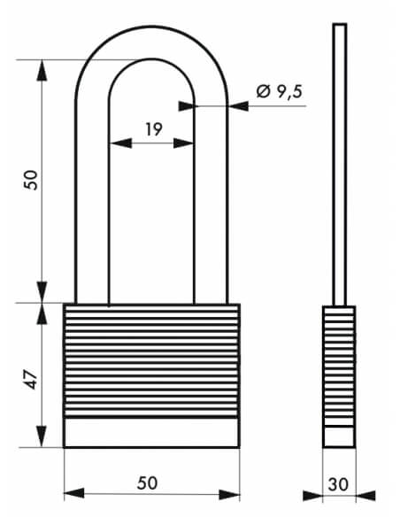 Vista aggiuntiva 1 di Lucchetto laminato PROTECTOR 50 mm, arco lungo in acciaio al molibdeno, 2 chiavi – THIRARD