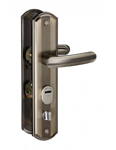 Set maniglia per ingresso, interasse 68 mm, defender integrato, alluminio brunito, sinistro – THIRARD