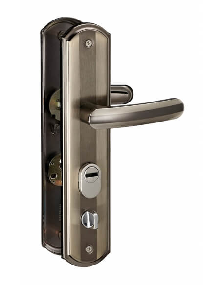 Set maniglia per ingresso, interasse 68 mm, defender integrato, alluminio brunito, sinistro – THIRARD