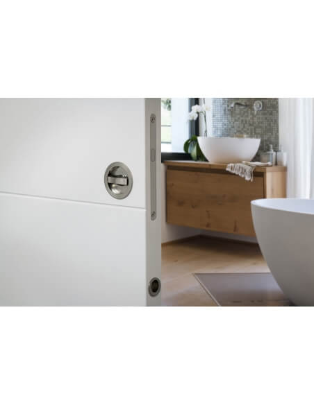 Serratura a gancio per porta scorrevole, asse 50 mm, chiusura WC, cromo satinato – THIRARD