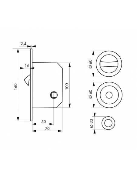 Serratura a gancio per porta scorrevole, asse 50 mm, chiusura WC, finitura ottone – THIRARD