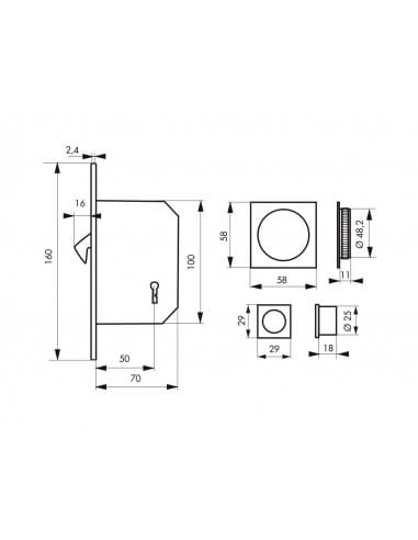 Serratura a gancio per porta scorrevole, asse 50 mm, con chiave, rosette quadrate, nichelata – THIRARD