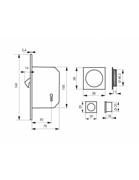 Serratura a gancio per porta scorrevole, asse 50 mm, con chiave, rosette quadrate, nichelata – THIRARD