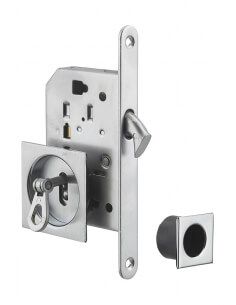 Serratura a gancio per porta scorrevole, asse 50 mm, con chiave, rosette quadrate, nichelata – THIRARD