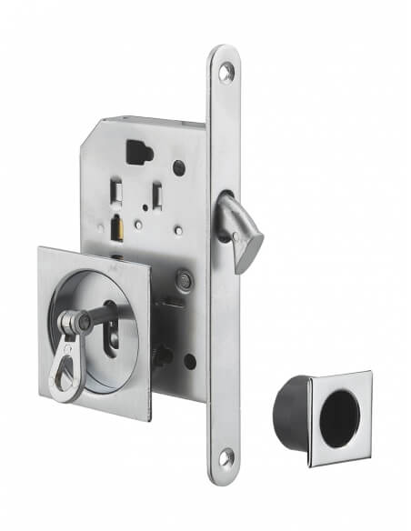 Serratura a gancio per porta scorrevole, asse 50 mm, con chiave, rosette quadrate, nichelata – THIRARD
