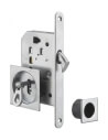 Serratura a gancio per porta scorrevole, asse 50 mm, con chiave, rosette quadrate, nichelata – THIRARD
