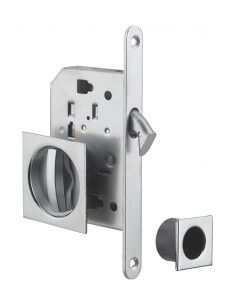 Serratura a gancio per porta scorrevole, asse 50 mm, chiusura WC, rosette quadrate, nichelata – THIRARD