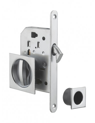 Serratura a gancio per porta scorrevole, asse 50 mm, chiusura WC, rosette quadrate, nichelata – THIRARD