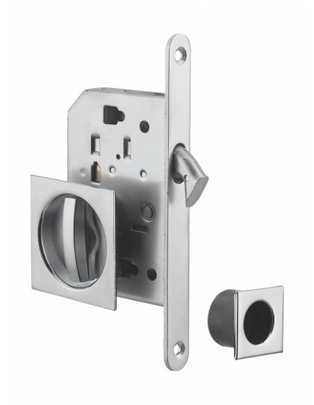 Serratura a gancio per porta scorrevole, asse 50 mm, chiusura WC, rosette quadrate, nichelata – THIRARD