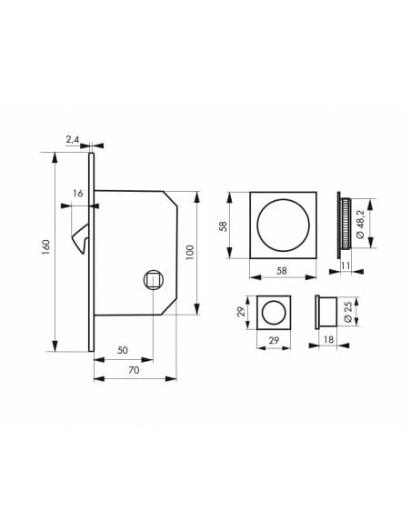 Serratura a gancio per porta scorrevole, asse 50 mm, chiusura WC, rosette quadrate, nichelata – THIRARD