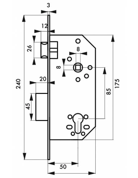 Serratura da incasso a cilindro europeo per porta ingresso, asse 50mm x 85mm, piastra tonda, dorato - THIRARD