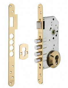 Serratura da incasso per cilindro europeo, asse 50 mm, con borchia, finitura oro – THIRARD