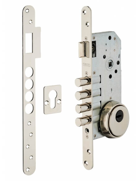Serratura da incasso per cilindro europeo, asse 50 mm, defender, frontale quadro, cromata – THIRARD