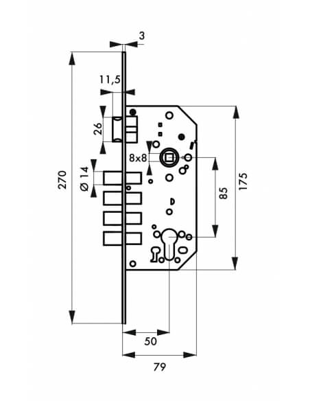 Serratura da incasso a cilindro europeo europeo, asse 50x85mm con defender, oro - THIRARD