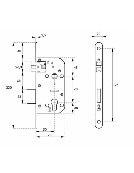Serratura da incasso asse 50 mm, interasse 70 mm, frontale arrotondato – THIRARD