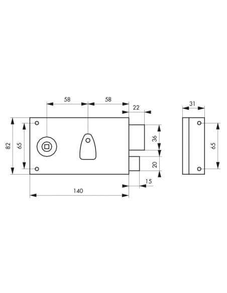 Serratura orizzontale da applicare con chiave, quadro maniglia, interna, destra, asse 58mm, 140x82mm, nero, 1 chiave - THIRARD