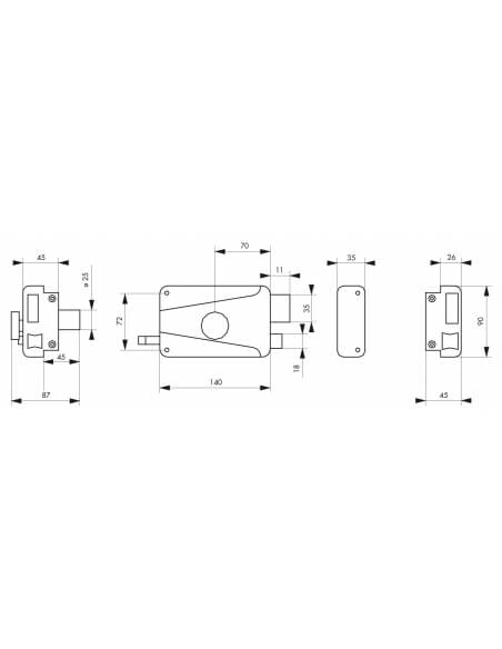 Serratura orizzontale da applicare, pomolo e tirante, destra, asse 70mm, 140x90mm, marrone, 3 chiavi - THIRARD