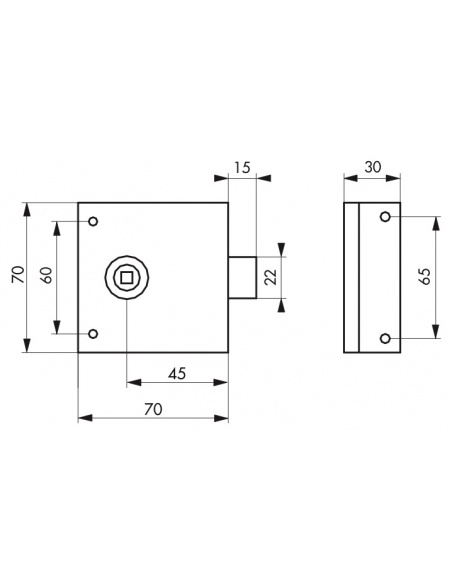 Serratura da applicare per porta interna, catenaccio solo 1/2 giro, asse 45mm, quadro 6mm, 70x70mm, nero - THIRARD