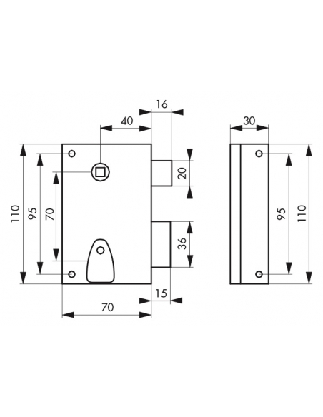 Serratura da applicare quadro maniglia 7mm, destra, incontro incassabile, asse 40mm, 110x70mm, nero, 2 chiavi - THIRARD