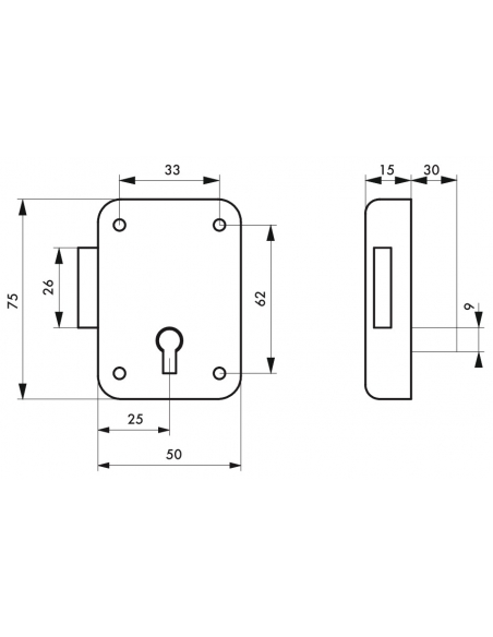 Serratura per mobile, mobilio, destra, asse 25mm, 50x70mm, grigio, 1 chiave - THIRARD