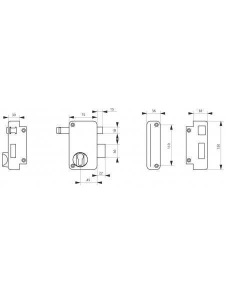 Serratura verticale da applicare doppio cilindro a tirante per porta esterna, destra, asse 45mm, 75x130mm, nero - THIRARD