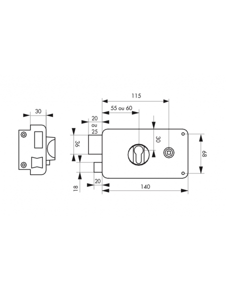 Cassa serratura CP con quadro maniglia 140 x 88 mm, sinistra a spingere, asse 60 mm – THIRARD