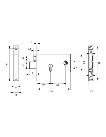 Cassa serratura per cilindro, asse 67 mm, frontale inox 16 mm – THIRARD