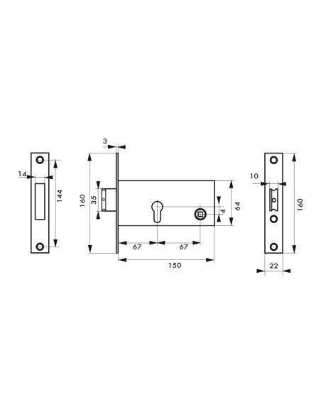 Cassa serratura per cilindro, asse 67 mm, frontale nichelato 22 mm – THIRARD