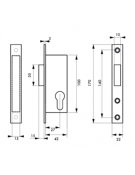 Serratura da incasso a cilindro per infissi metallici, asse 27mm, solo catenaccio, piastra quadra, inox - THIRARD