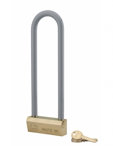 Lucchetto Ottone Nautic 80mm, 3 chiavi, anticorrosione, waterproof, uso esterno arco alto 215mm in ottone - THIRARD