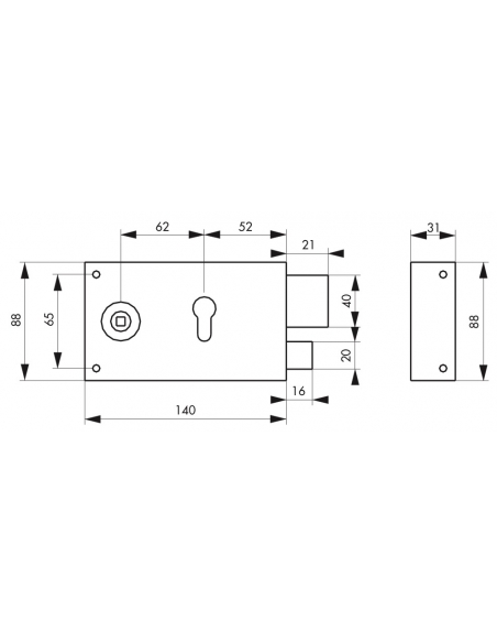 Serratura orizzontale da applicare doppio cilindro con quadro maniglia per cancello, destra, asse 52mm, 140x88mm, inox - THIRARD