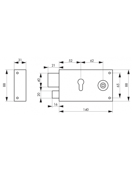 Serratura orizzontale da applicare doppio cilindro con quadro maniglia, cancello, sinistra, asse 52mm, 140x88mm, inox - THIRARD