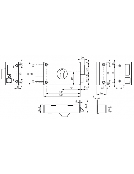 Serratura orizzontale da applicare doppio cilindro a tirante per porta d'ingresso, destra, asse 70mm, 140x88mm, nero - THIRARD