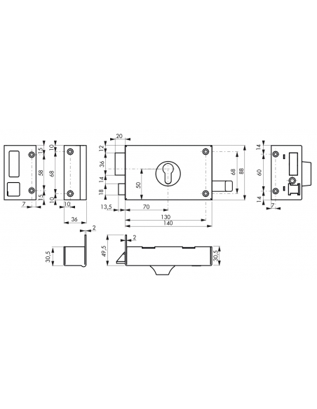 Serratura orizzontale da applicare doppio cilindro a tirante per porta d'ingresso, sinistra, asse 70mm, 140x88mm, nero - THIRARD