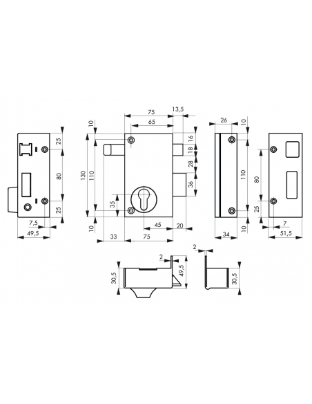 Cassa serratura CP con tirante 75 x 130 mm, destra – THIRARD