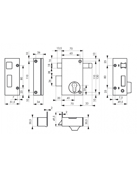 Cassa serratura CP con tirante 75 x 130 mm, sinistra – THIRARD