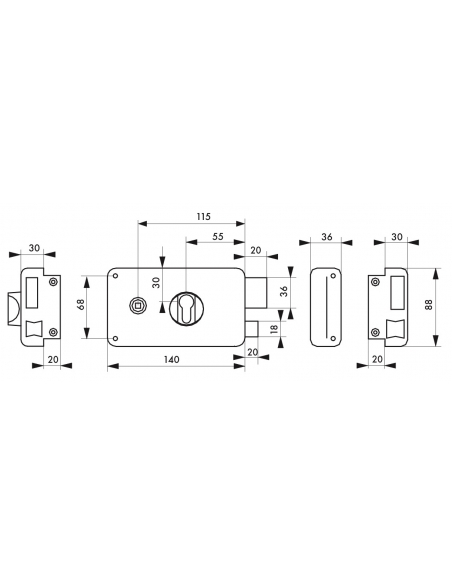 Serratura da applicare doppio cilindro con quadro maniglia , destra , asse 55mm, 140x88mm, nero - THIRARD