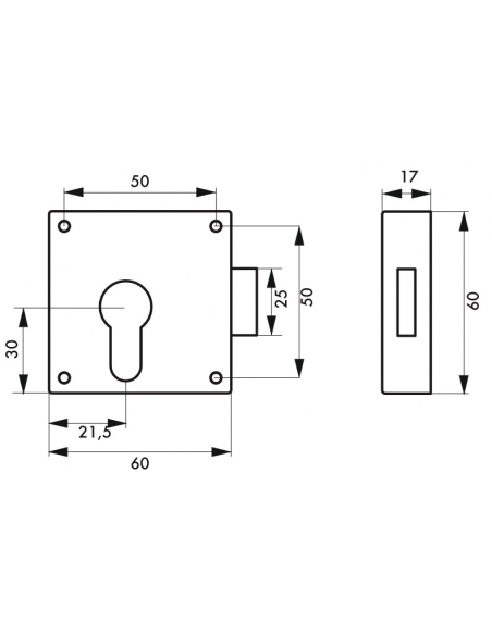 Serratura universale a cilindro europeo per porta mobile, asse 21.5mm, 50x60mm, nichel - THIRARD