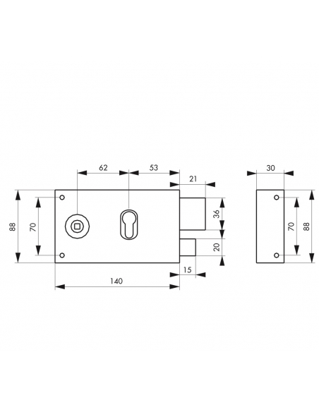 Serratura orizzontale da applicare doppio cilindro con quadro maniglia , destra, asse 53mm, 140x88mm, nero - THIRARD