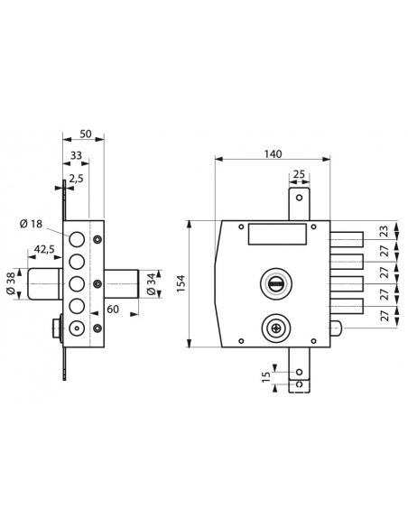 Serratura triplice 3 punti chiave punzonata, da applicare, acciaio, 154x140 mm, destra, 5 chiavi - THIRARD
