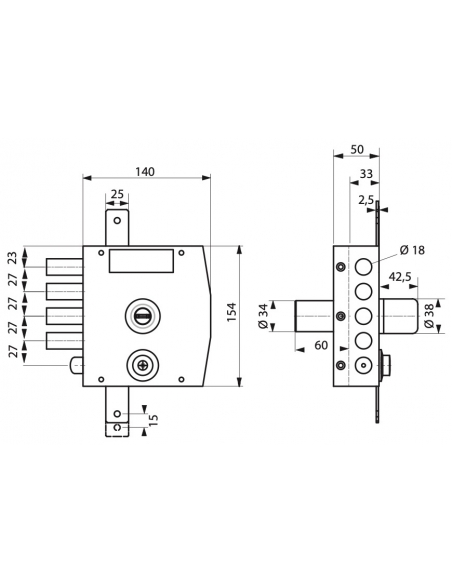 Serratura triplice 3 punti chiave punzonata, da applicare, acciaio, 154x140 mm, sinistra, 5 chiavi - THIRARD