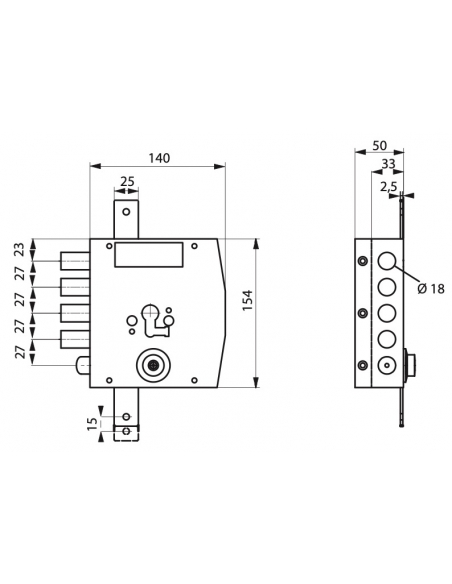 Serratura triplice 3 punti per cilindro europeo, da applicare, acciaio, 154x140 mm, sinistra, 5 chiavi - THIRARD