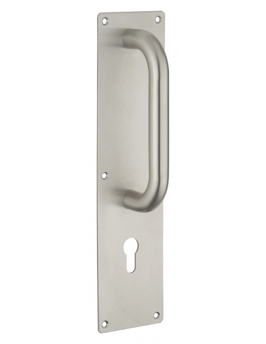 Maniglia porta esterna in acciaio inox 304 satinato con placca 300x75 mm per cilindro europeo - THIRARD