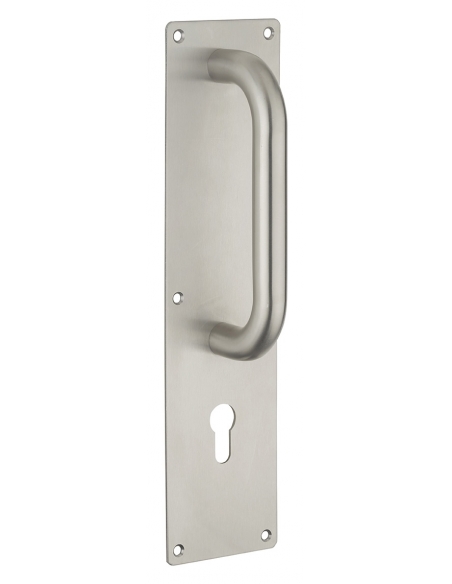 Maniglia porta esterna in acciaio inox 304 satinato con placca 300x75 mm  per cilindro europeo - THIRARD